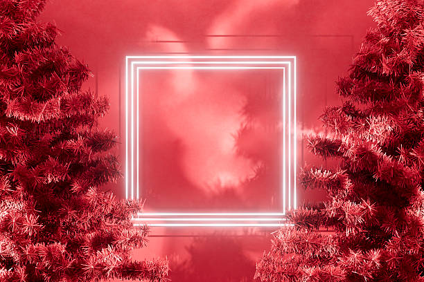 istock Christmas Trees with Neon Lighting Frame on Red Background 2234960166