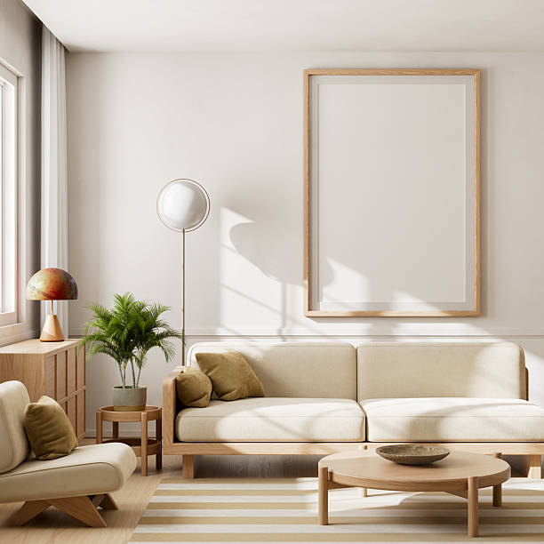 istock Modern minimalist interior living room with neutral decor and mock up poster frame. 3D illustration 2234964938