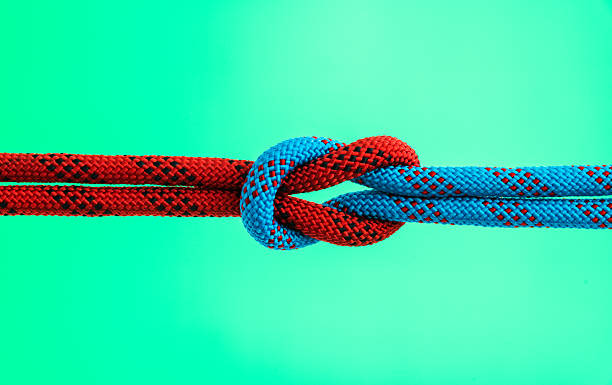 istock Red and blue ropes with reef knot isolated on green background 2234965649
