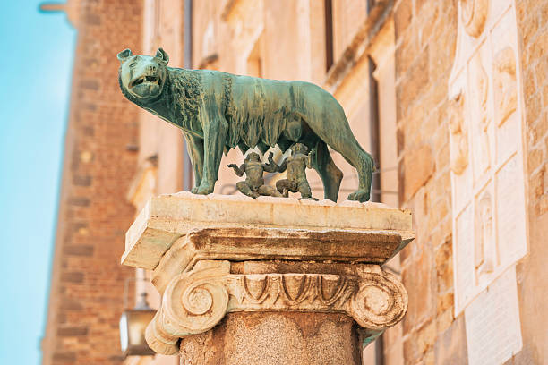 An outdoor statue on Capitoline Hill in Rome, depicting the city's founders, the twin boys Romulus and Remus feeding from a wolf.