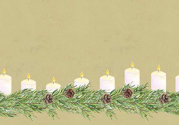 istock Pine branches garland with candles and pinecones. Watercolor seamless border on green beige background ideal for Christmas cards, posters, banners, Advent, scrapbooking, festive decorations 2234975997