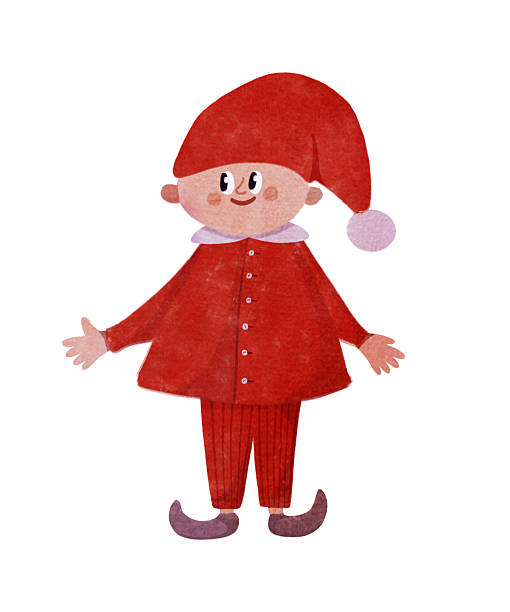 Cute hand-drawn Christmas elf child in red hat and outfit, smiling happily. Perfect for holiday cards, books, or kids' decor. Child-friendly illustration style, isolated on white. High-quality for prints and crafts.