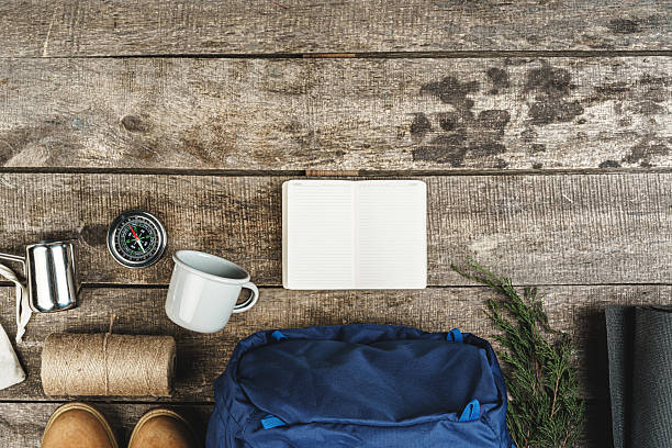 istock Backpack and hiking equipment on wooden background, top view 2234990413