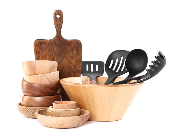 Studio shot of a stack of salad bowl with utensils