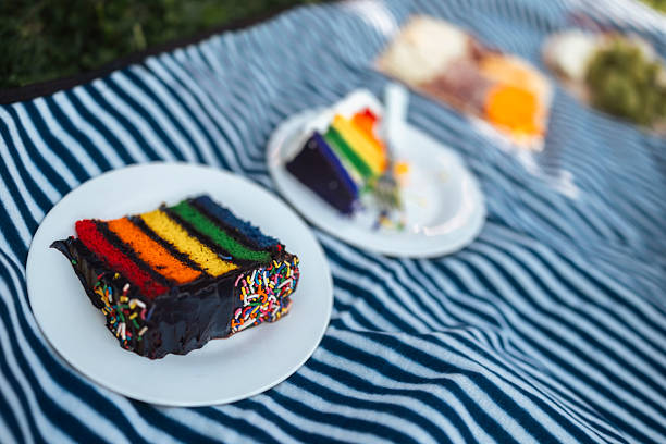 Vivid rainbow cake slices with sprinkles neatly placed on white plates over a striped picnic blanket, showcasing vibrant colors and a cheerful outdoor setting.