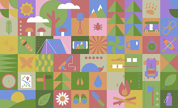 Hiking, Camping. Tourist's survival kit and camping tent. Camping flat icon collection. Set of outdoor adventure, hiking equipment, journey supply. Vector illustration Hiking, Camping. Tourist's survival kit and camping tent. Camping flat icon collection. Set of outdoor adventure, hiking equipment, journey supply. Vector illustration camping equipment stock illustrations