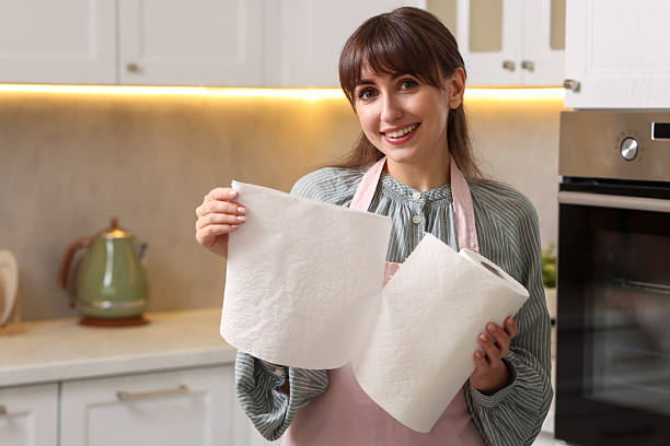 istock Smiling woman using paper towels in kitchen 2235011700