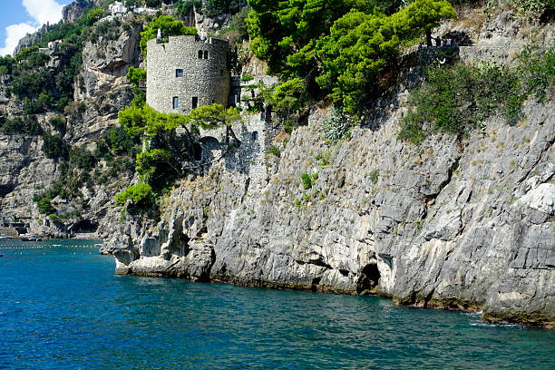 A cliff on the seashore and a round tower