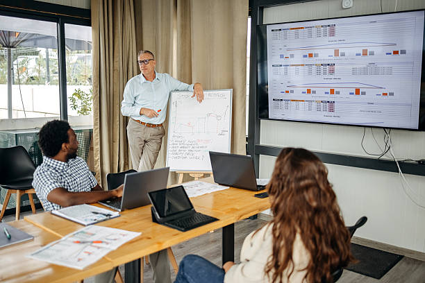 istock Small group of people having a business meeting using laptops while one businessman is presenting actions they need to take using white board 2235012597