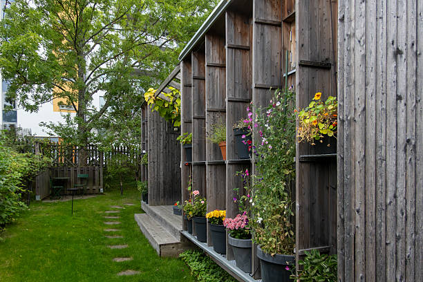 Stockholm, Sweden Sept 2, 2025 A wooden house with plants in a community garden plot in the Kungsholmen district.