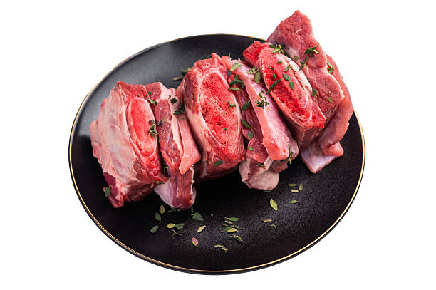istock Raw Beef Kalbi Short Ribs, fresh meat with bone on plate with thyme isolated on white background. top view 2235018893