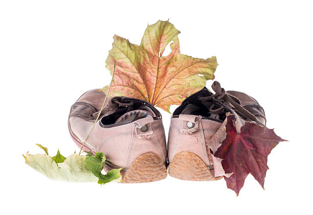 Old gymshoes and autumn leaf. Isolated on the white background.