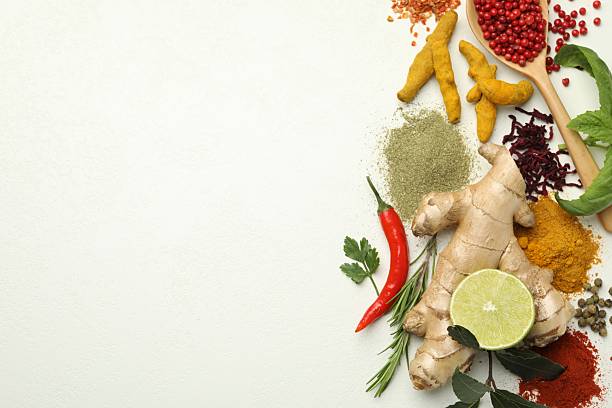 istock Different aromatic spices, lime and herbs on white background, flat lay. Space for text 2235026348