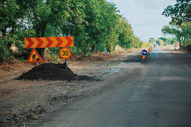 Road works signs showing speed limit