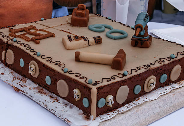 Chocolate cake with marzipan vintage tools