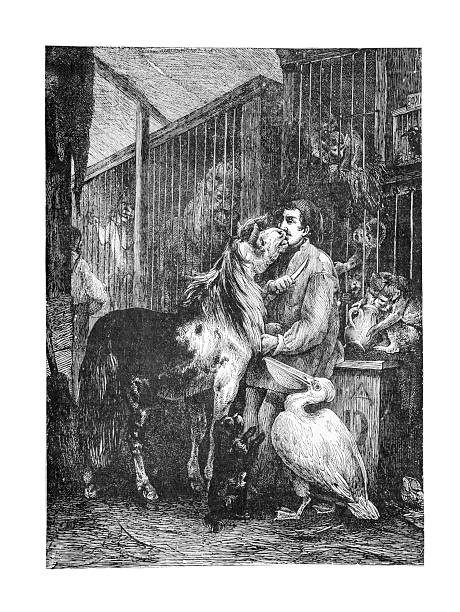 Victorian 19th century wood engraving showing a menagerie scene with a keeper feeding animals, black and white illustration from the book Christmas-BoxIllustration from 19th century
