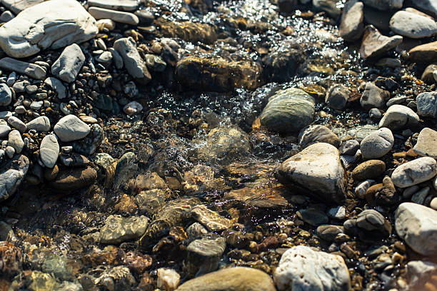 Rapid water stream river close up with sunlight  and motion blur