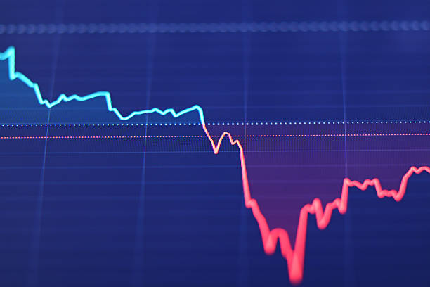 Close-up of a financial chart showing a sharp decline in stock market or cryptocurrency prices on a digital trading platform. The red downward trend line illustrates economic recession, market volatility, risk management, and financial crisis concepts.