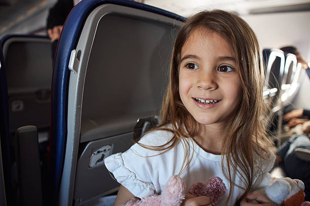 Excited girl traveling by plane.