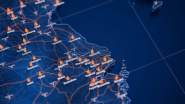 istock Nantong map big data visualization. Futuristic map infographic of city in China. Visual map data complexity in modern blue and orange colors 2235049748