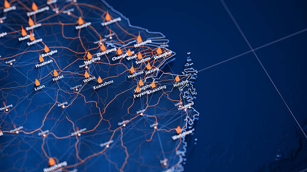 istock Shaoxing map big data visualization. Futuristic map infographic of city in China. Visual map data complexity in modern blue and orange colors 2235049837