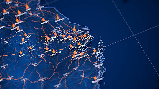 istock Jiaxing map big data visualization. Futuristic map infographic of city in China. Visual map data complexity in modern blue and orange colors 2235049895