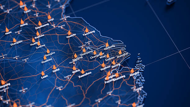 Changzhou map big data visualization. Futuristic map infographic of city in China. Visual map data complexity in modern blue and orange colors