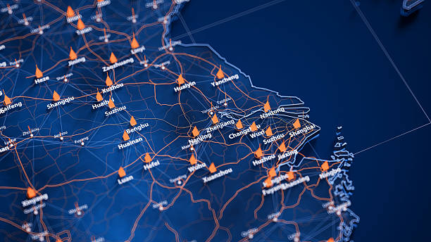 istock Zhenjiang map big data visualization. Futuristic map infographic of city in China. Visual map data complexity in modern blue and orange colors 2235050097