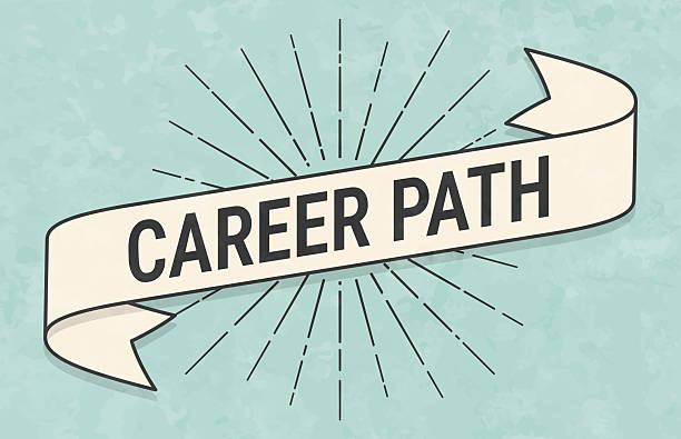 Career Path. Banner, ribbon, label in a trendy vintage style. Beautiful retro ribbon with old textured paper and sunbursts in the background. Colors used: green, blue, beige and black. The banner is beige with a black outline, the sunbursts and the text are black. The background is green-blue. Vector Illustration (EPS file, well layered and grouped). Easy to edit, manipulate, resize or colorize. Vector and Jpeg file of different sizes.