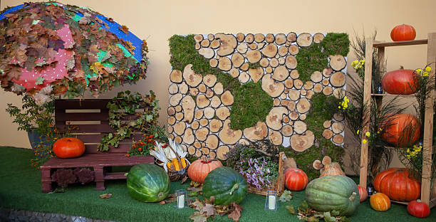 Colorful autumn decorations showcase pumpkins, gourds, and seasonal foliage arranged on a rustic backdrop in a festive atmosphere.
