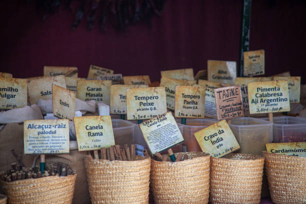 Baskets filled with a variety of bulk spices, including colorful herbs and seasonings, displayed for sale in a lively market stall.