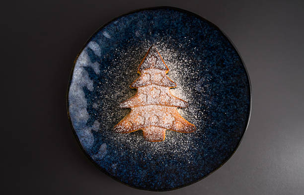 istock Christmas tree shaped cake with powdered sugar on dark plate. 2235067009