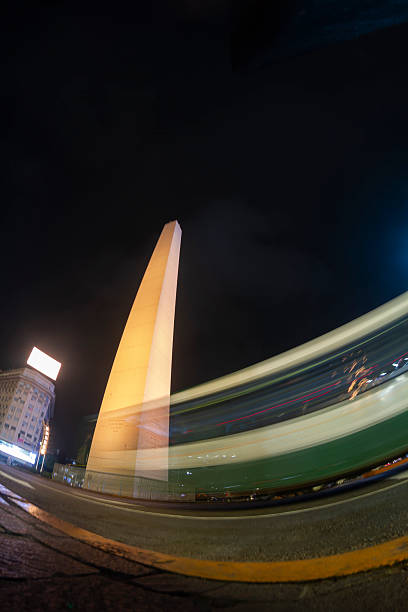 istock Obelisco de Buenos Aires at night with light trails from passing bus 2235067583