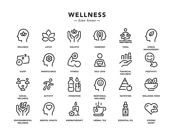ilustraciones, imágenes clip art, dibujos animados e iconos de stock de bienestar - iconos de línea - salud mental