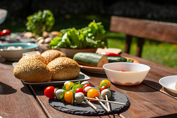 istock Vegetables and mozzarella kebab  served on a picnic table 2235082249