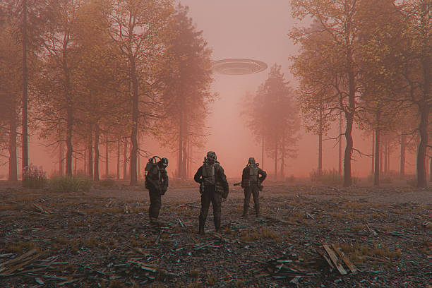 istock Soldiers watching UFO in post apocalyptic world 2235094509