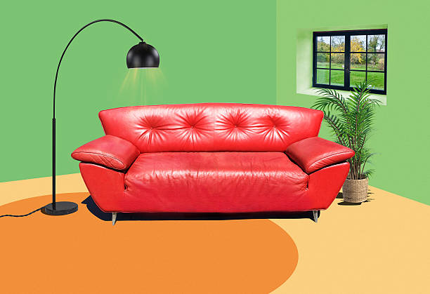 Red sofa in a living room with stone wall - 3d rendering\n