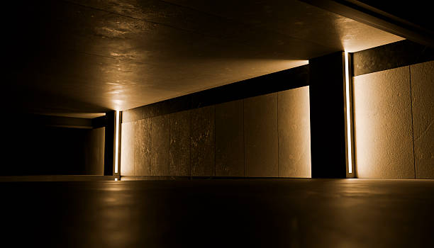 Empty parking garage illuminating with led lights creating an abstract and futuristic atmosphere