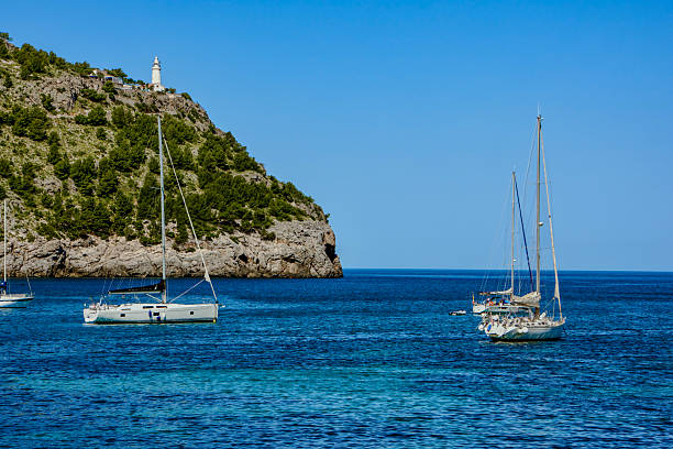 Colorful sailboats glide across the clear, turquoise waters of Mallorca under a bright, sunny sky. The Mediterranean coastline is visible in the distance, with gentle waves reflecting the sunlight. This serene scene captures the essence of summer, leisure, and sailing in the Balearic Islands.