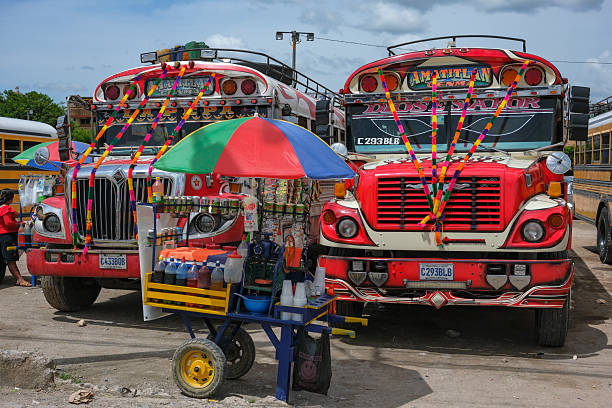 Esquipulas, Guatemala - June 22, 2025: Chicken bus, a typical Central American passenger bus, parked in Esquipulas, Guatemala.