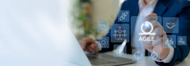 istock Agile strategy concept. Virtual interface highlighting the word 