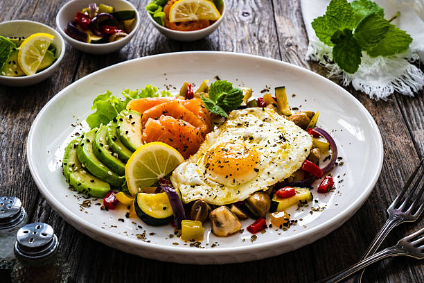 istock Smoked salmon with sunny side up egg, avocado and vegetables on wooden table 2235144129