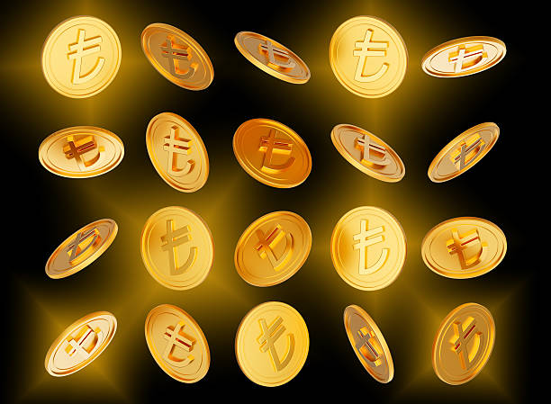 istock Falling Golden Shiny Turkish Lira Rounded Coins On Black Background 3d Illustration 2235156210