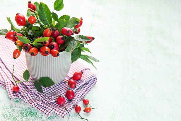 Ripe rose hips and green leaves arranged in a white cup on a checkered cloth, creating a rustic autumnal scene