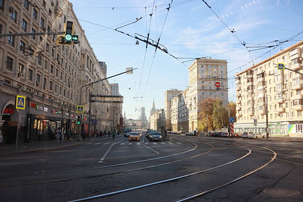 Moscow, Russia, tramway track on the road