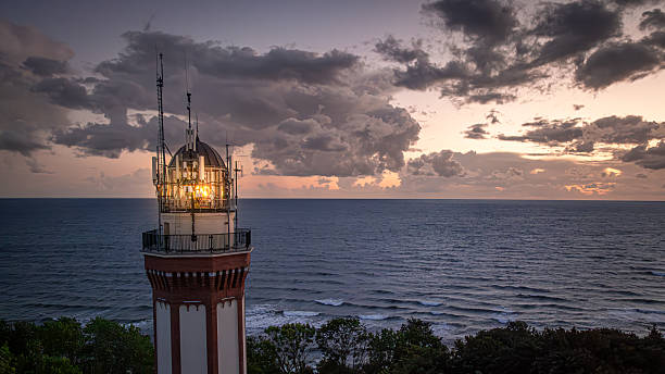Light beam from lighthouse by Baltic Sea with big waves in Poland after sunset.