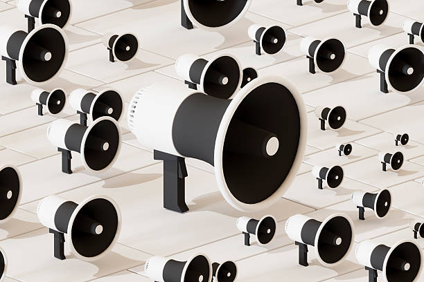 A digitally generated image featuring multiple Black Friday Megaphones. The megaphones symbolizes retail announcements, seasonal promotions, and marketing urgency. Perfect for use in advertising, e-commerce campaigns, or editorial content about Black Friday deals, digital sales, and consumer behavior.