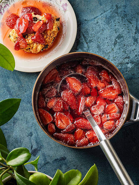 Strawberry, Pureed, Preserves, Compote, Berry Fruit,  Marmalade, Pancake Day, Food and drink,Food, Preparation, Compote, Making, Cooking, Boiling, Jam
