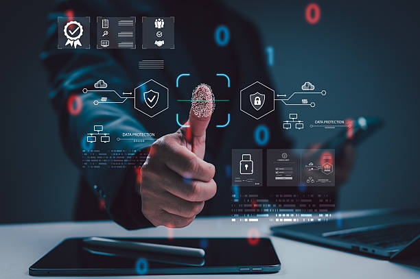 istock Businessman scanning fingerprint unlocking system access. Cybersecurity concept features secure data protection, privacy, authentication, identity verification. Advanced technology ensures digital 2235181901