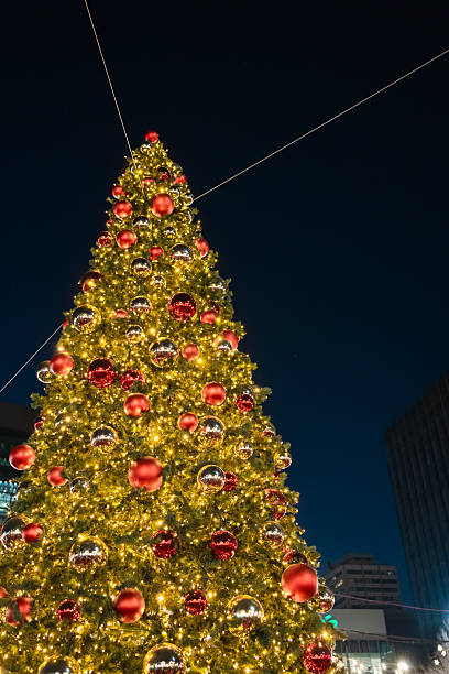 istock Christmas tree illuminating night sky in urban setting 2235183985